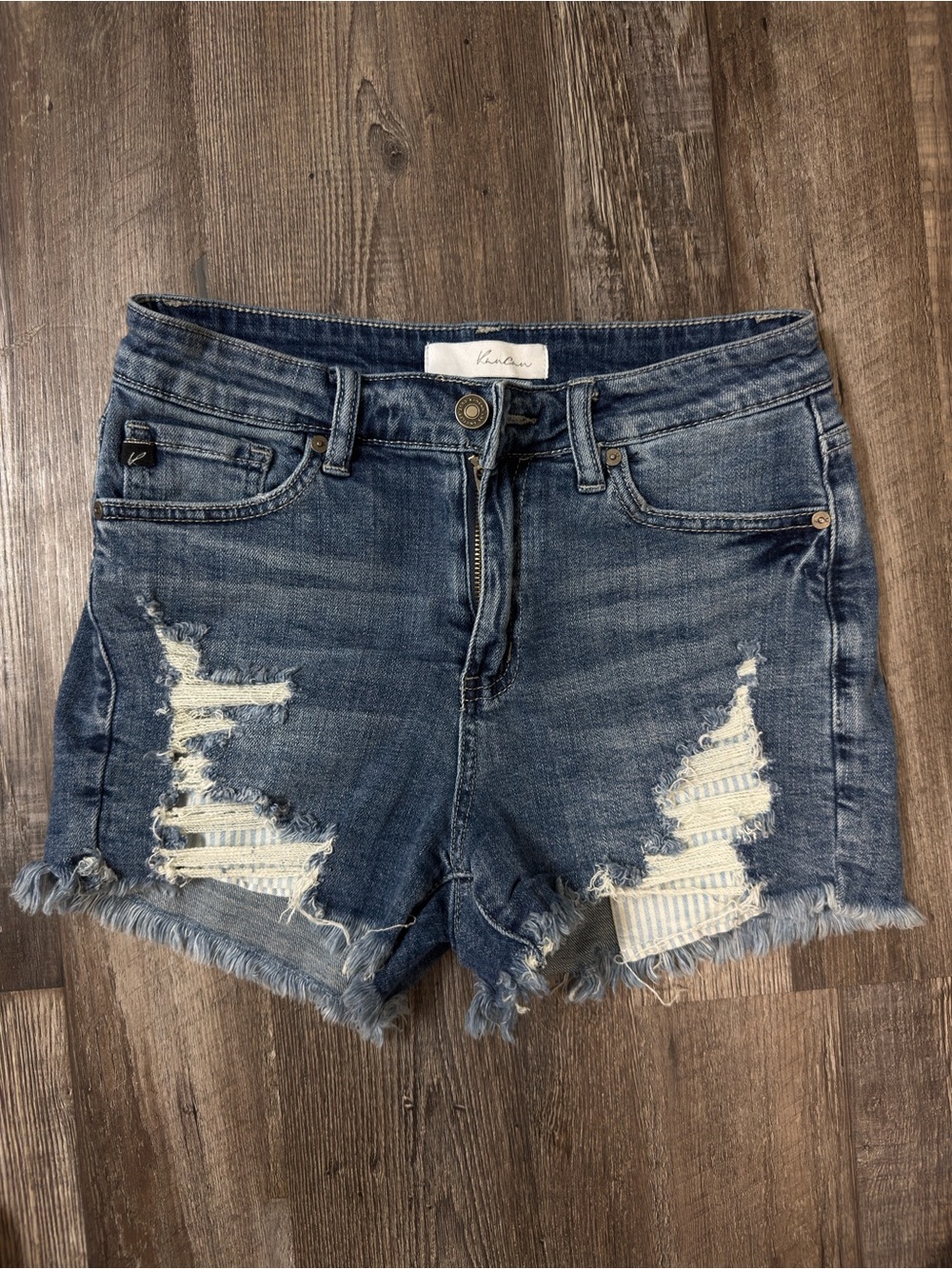 KanCan Distressed Blue Denim Shorts with Frayed Hem